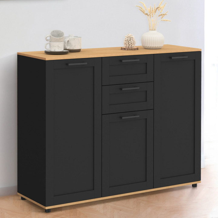 ¡Aparador 100cm negro con tapa de madera 3 puertas 2 cajones - VITO | Zen Cart! IDMarket