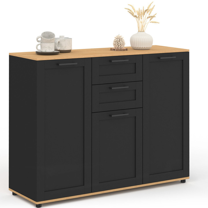 ¡Aparador 100cm negro con tapa de madera 3 puertas 2 cajones - VITO | Zen Cart! IDMarket