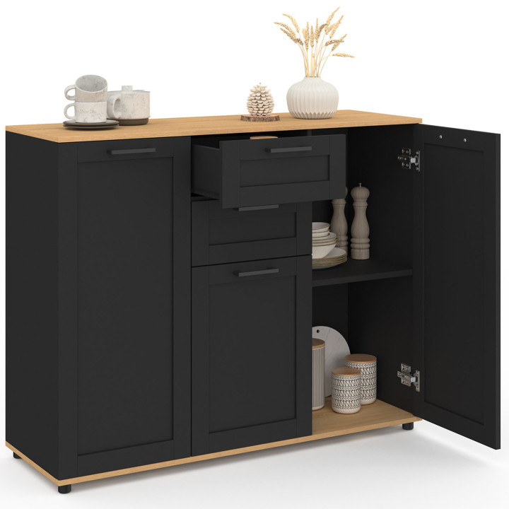 Credenza VITO 100 cm con 3 ante nere e 2 cassetti e piano in legno