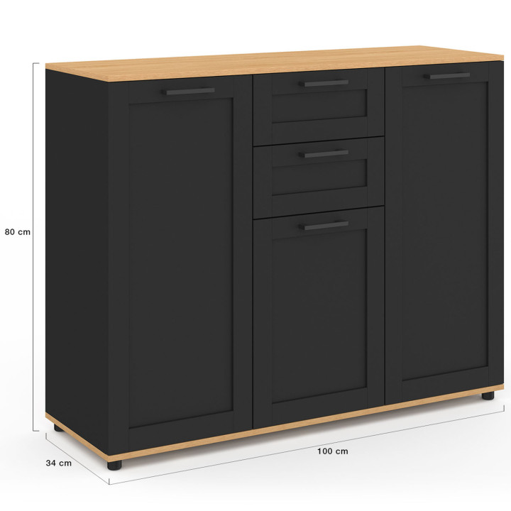 Credenza VITO 100 cm con 3 ante nere e 2 cassetti e piano in legno