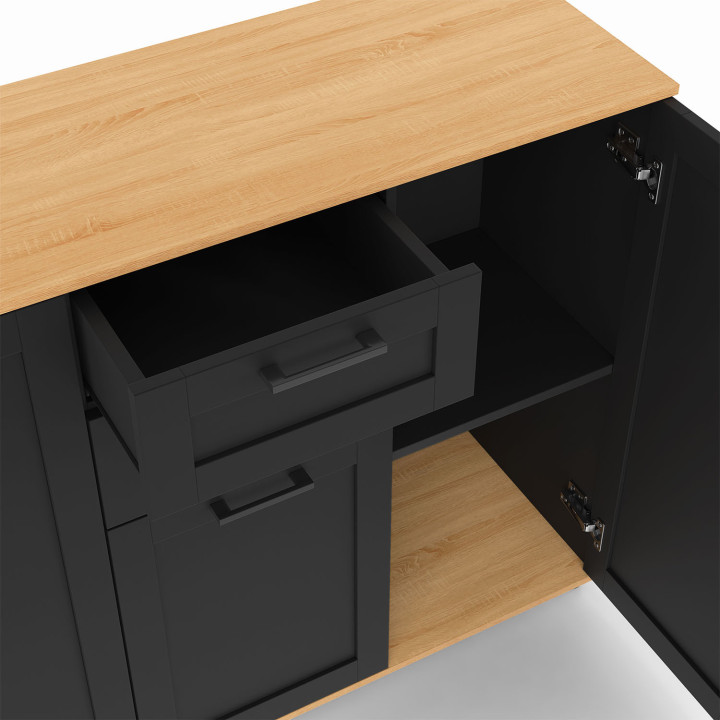 Credenza VITO 100 cm con 3 ante nere e 2 cassetti e piano in legno