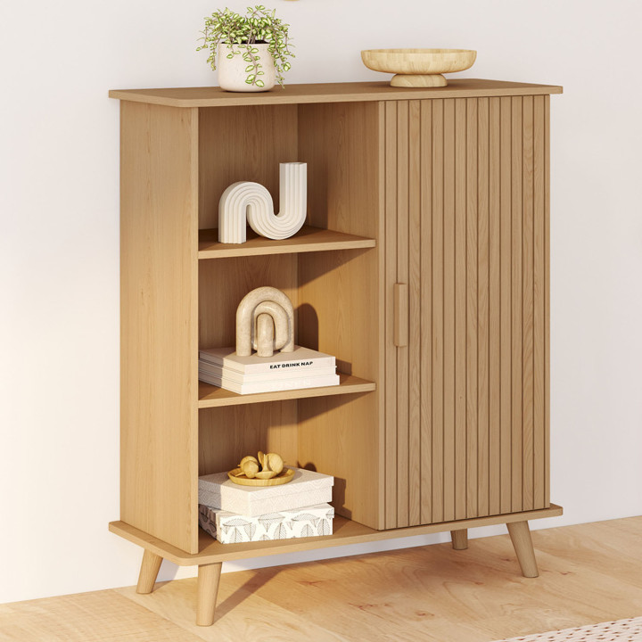 Buffet d'appoint 3 étagères et placard 70 cm JULIETTE lattes tasseau bois coloris chêne