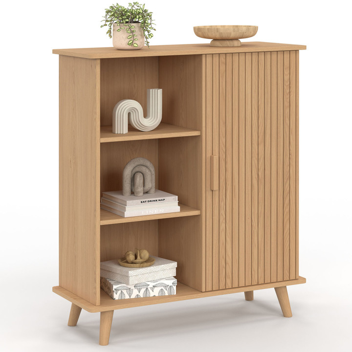Buffet d'appoint 3 étagères et placard 70 cm JULIETTE lattes tasseau bois coloris chêne