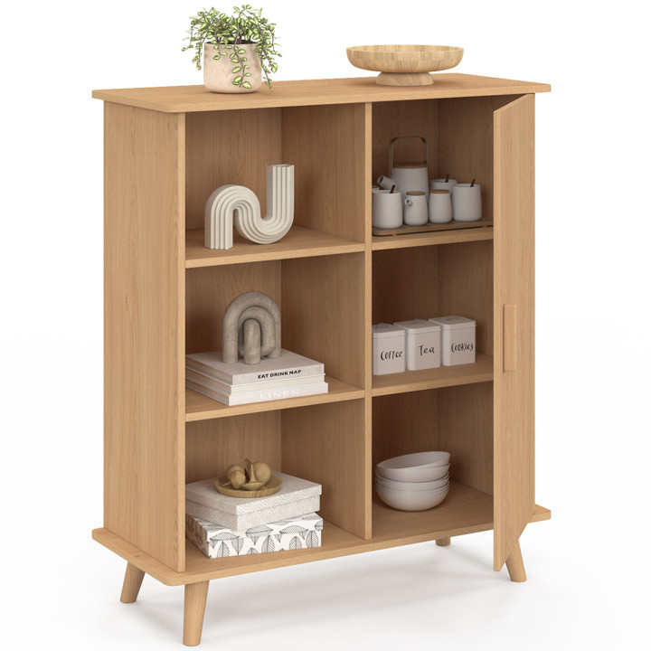 Buffet d'appoint 3 étagères et placard 70 cm JULIETTE lattes tasseau bois coloris chêne