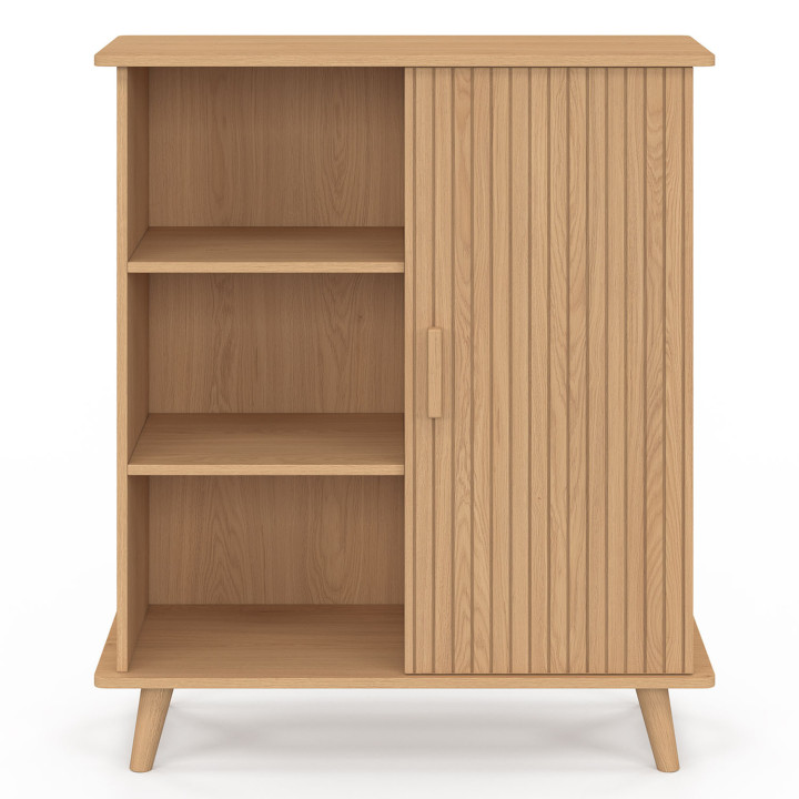 Buffet d'appoint 3 étagères et placard 70 cm JULIETTE lattes tasseau bois coloris chêne