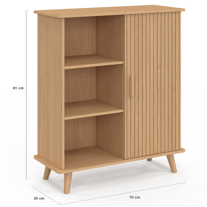 Buffet d'appoint 3 étagères et placard 70 cm JULIETTE lattes tasseau bois coloris chêne