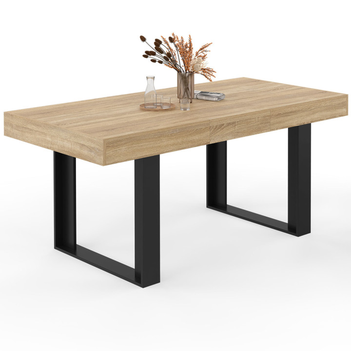 Mesa de comedor rectangular extensible negra y madera 4 a 6 personas - PHOENIX | IDMarket