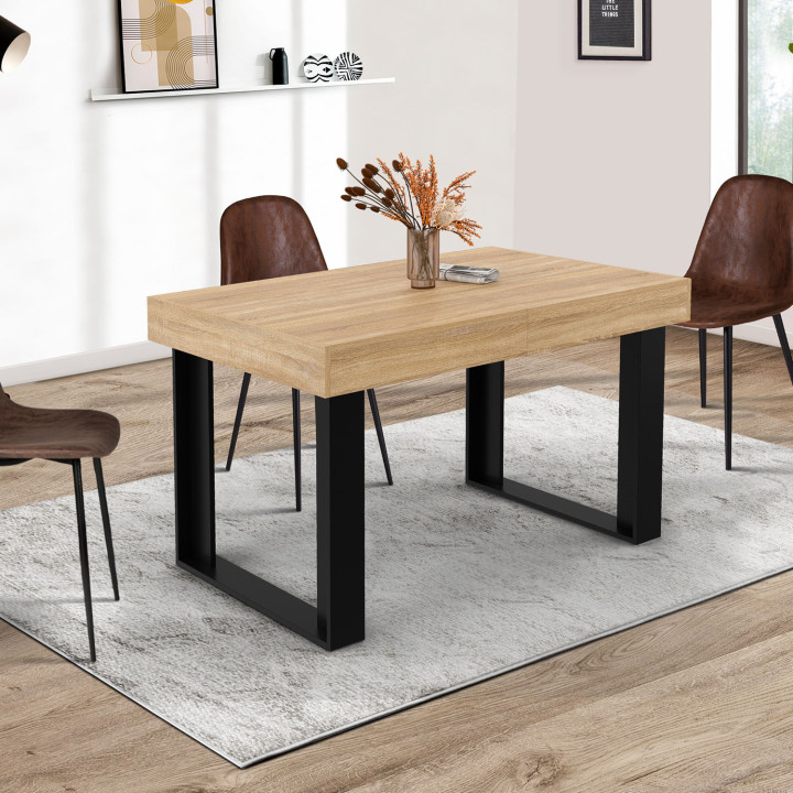 Mesa de comedor rectangular extensible negra y madera 4 a 6 personas - PHOENIX | IDMarket