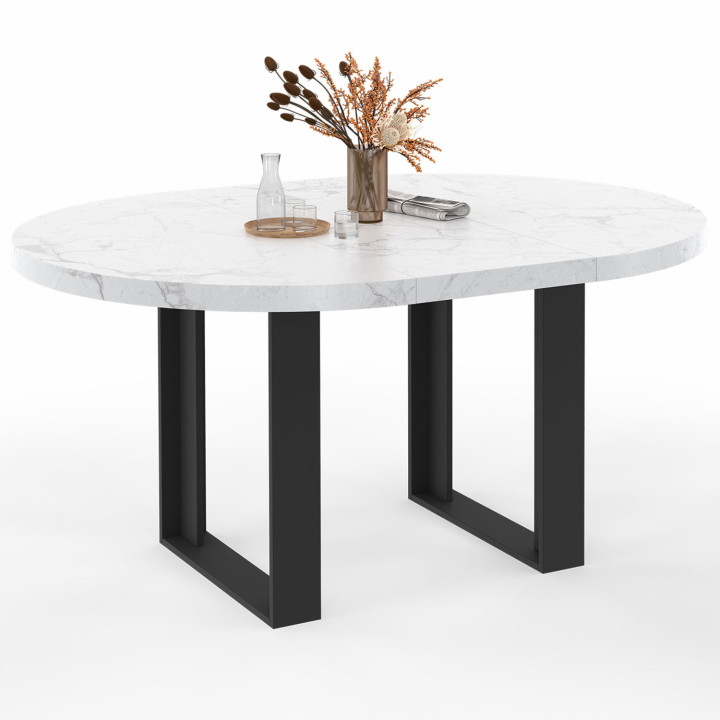 PHOENIX 4-6 persoons ronde uitschuifbare eettafel met wit marmereffect bovenblad ALASKA 110-150 cm