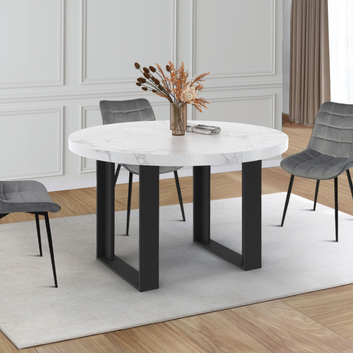 PHOENIX 4-6 persoons ronde uitschuifbare eettafel met wit marmereffect bovenblad ALASKA 110-150 cm