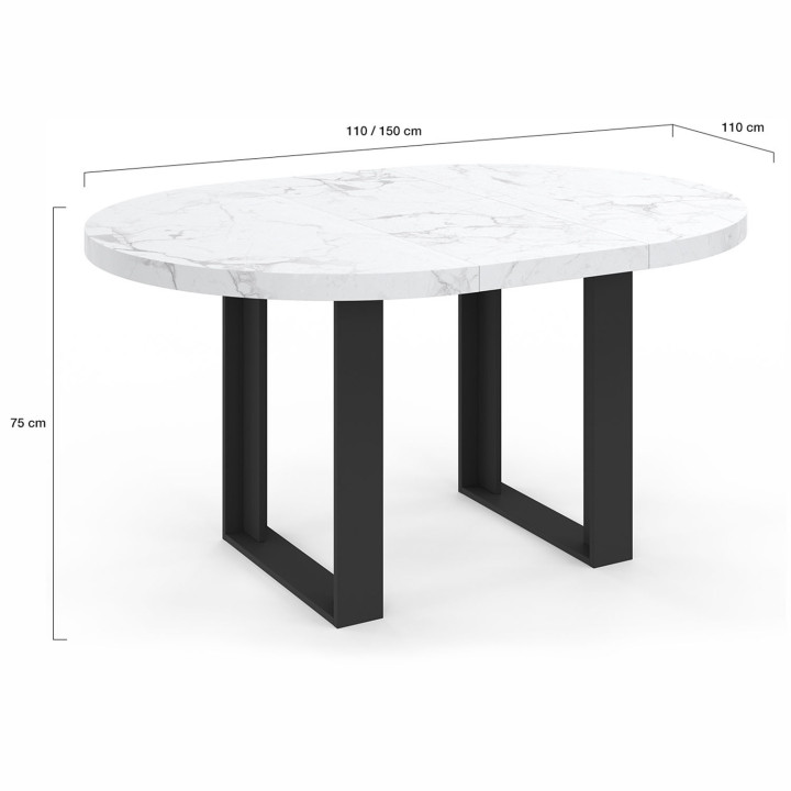 PHOENIX 4-6 persoons ronde uitschuifbare eettafel met wit marmereffect bovenblad ALASKA 110-150 cm