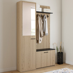 Guardarropa de entrada con zapatero, espejo, armario y estanterías en negro y efecto madera - MAHAUT | ID Market