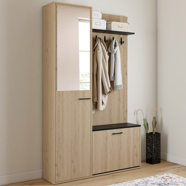 Garderobe im Eingangsbereich mit Schuhablage, Spiegel, Schrank und Regalen in Holz- und Schwarzeffekt - MAHAUT | ID Market
