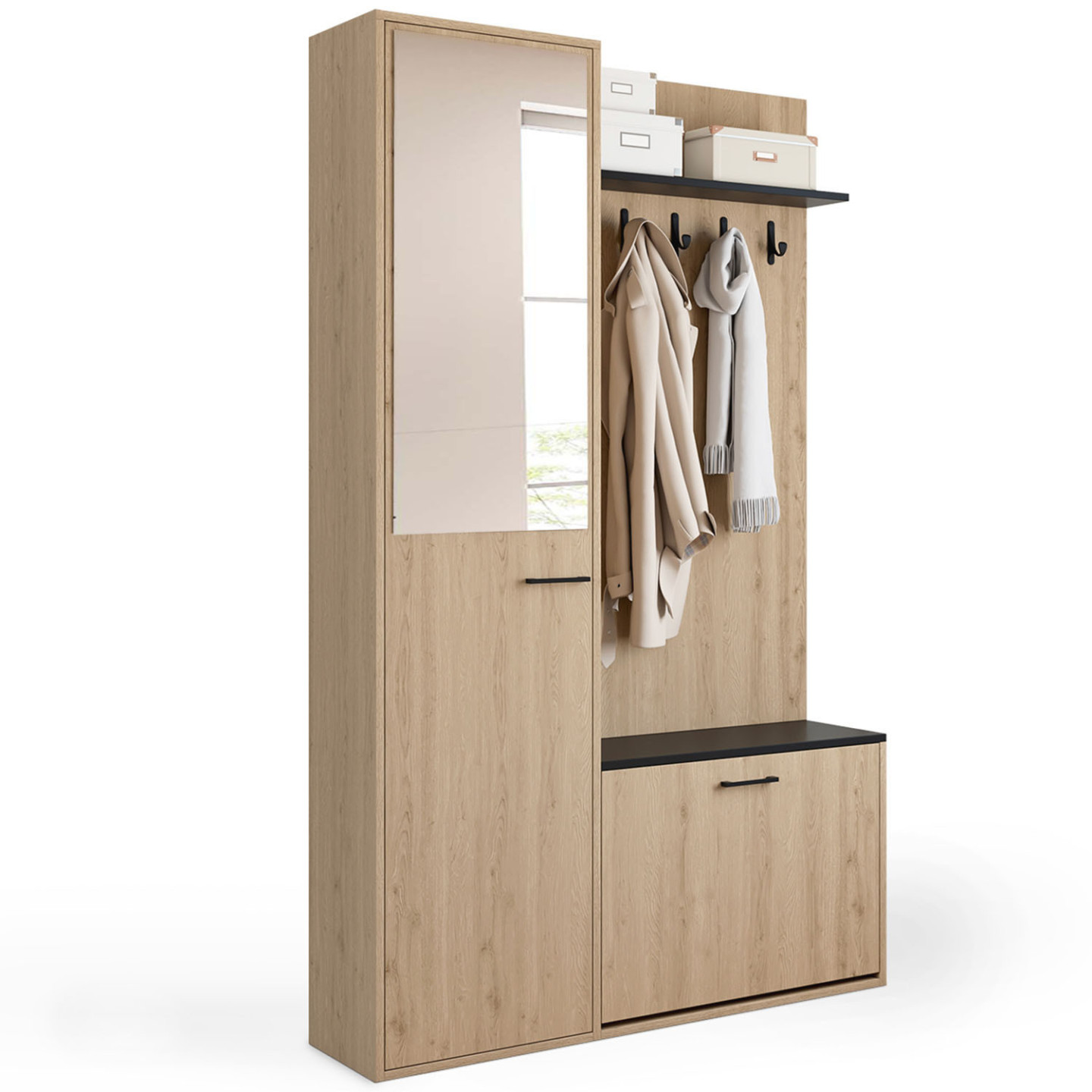 Garderobe im Eingangsbereich mit Schuhablage, Spiegel, Schrank und Regalen in Holz- und Schwarzeffekt - MAHAUT
