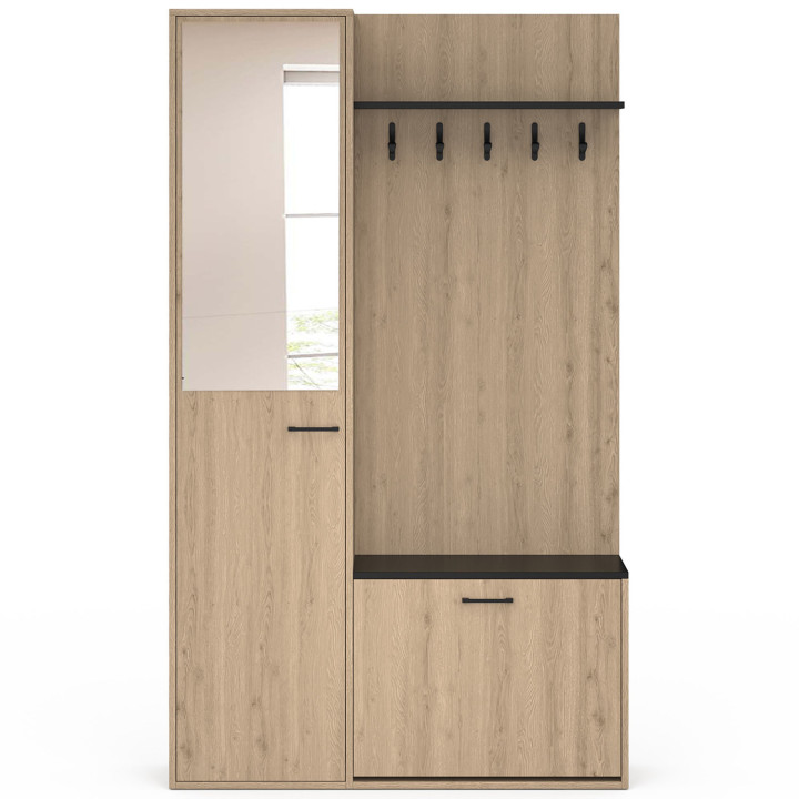 Guardarropa de entrada con zapatero, espejo, armario y estanterías en negro y efecto madera - MAHAUT | ID Market