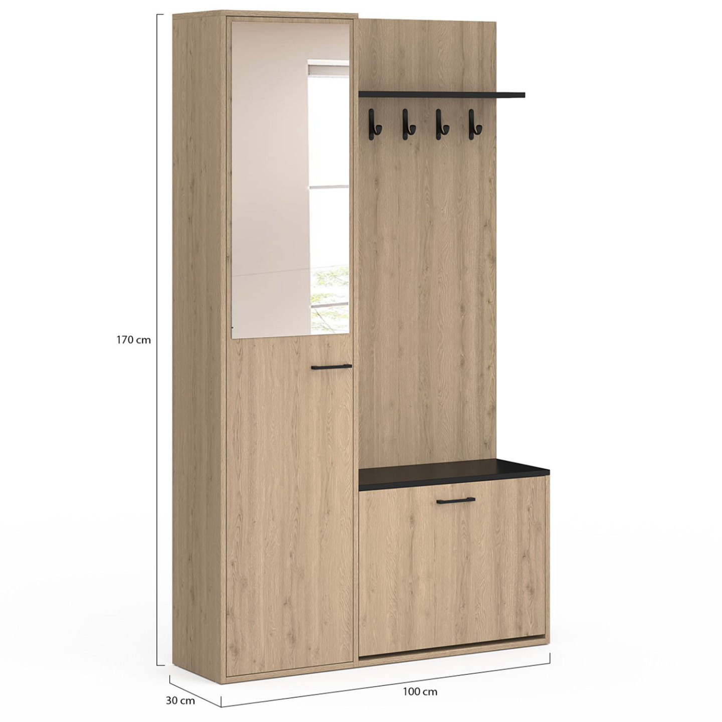 Garderobe im Eingangsbereich mit Schuhablage, Spiegel, Schrank und Regalen in Holz- und Schwarzeffekt - MAHAUT
