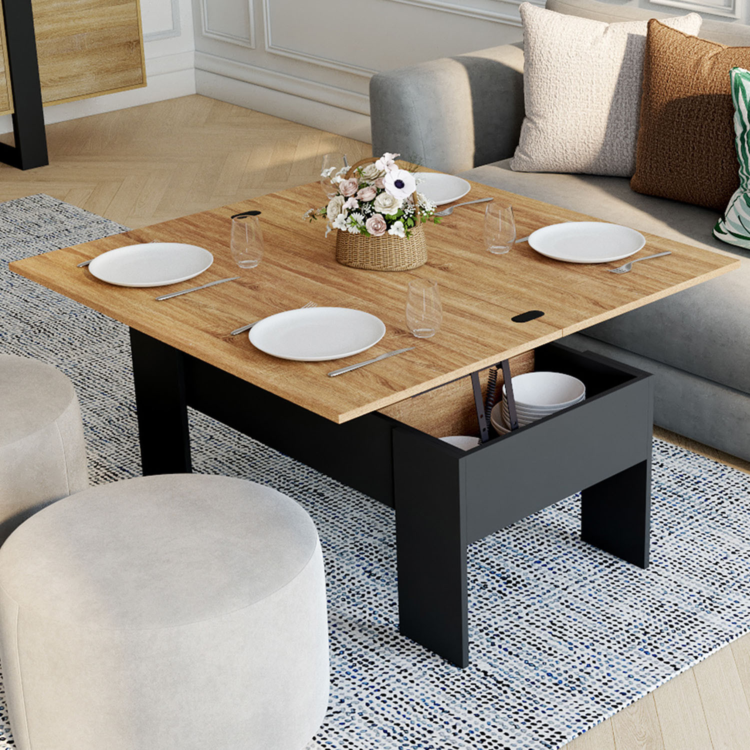 Table basse plateau relevable rectangulaire bois noir et imitation hêtre