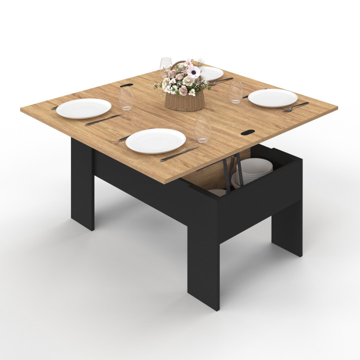 Table basse plateau relevable rectangulaire TARA bois noir et imitation hêtre
