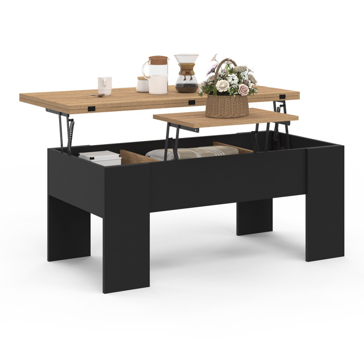 Table basse plateau relevable rectangulaire TARA bois noir et imitation hêtre