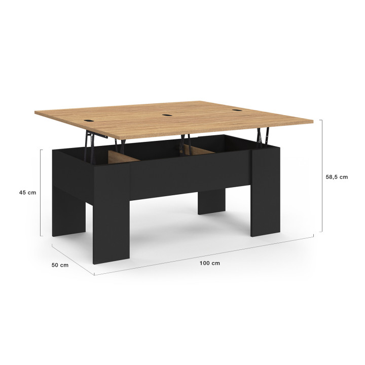 Table basse plateau relevable rectangulaire TARA bois noir et imitation hêtre