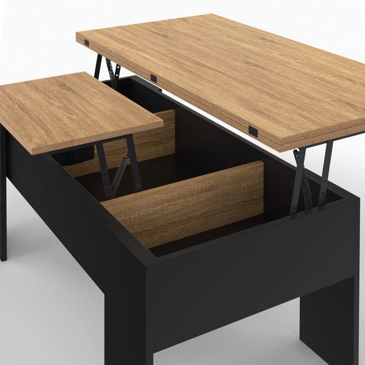 Table basse plateau relevable rectangulaire TARA bois noir et imitation hêtre