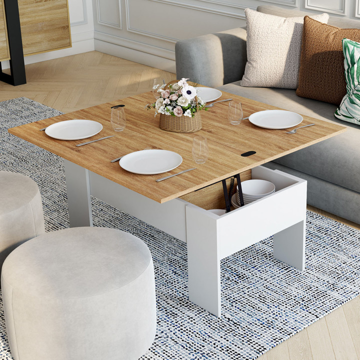 Mesa de centro rectangular con tablero elevable, convertible en mesa de comedor de haya y blanco - TARA | ID Market