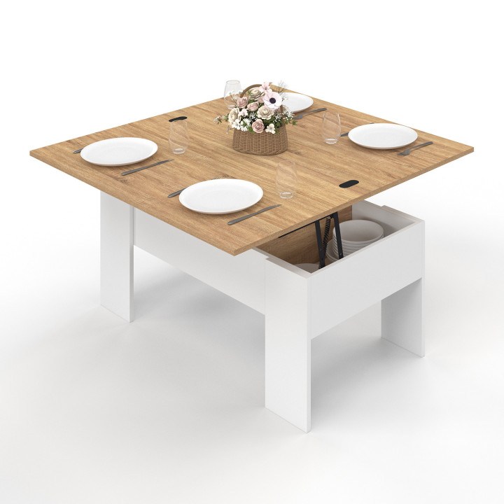 Table basse rectangulaire plateau relevable convertible en table à manger TARA bois blanc et imitation hêtre