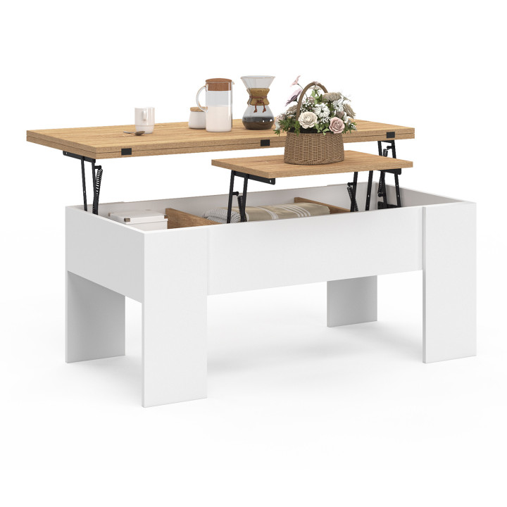 Table basse rectangulaire plateau relevable convertible en table à manger TARA bois blanc et imitation hêtre