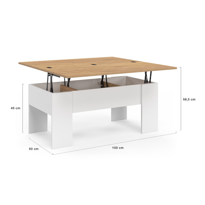 Table basse rectangulaire plateau relevable convertible en table à manger TARA bois blanc et imitation hêtre