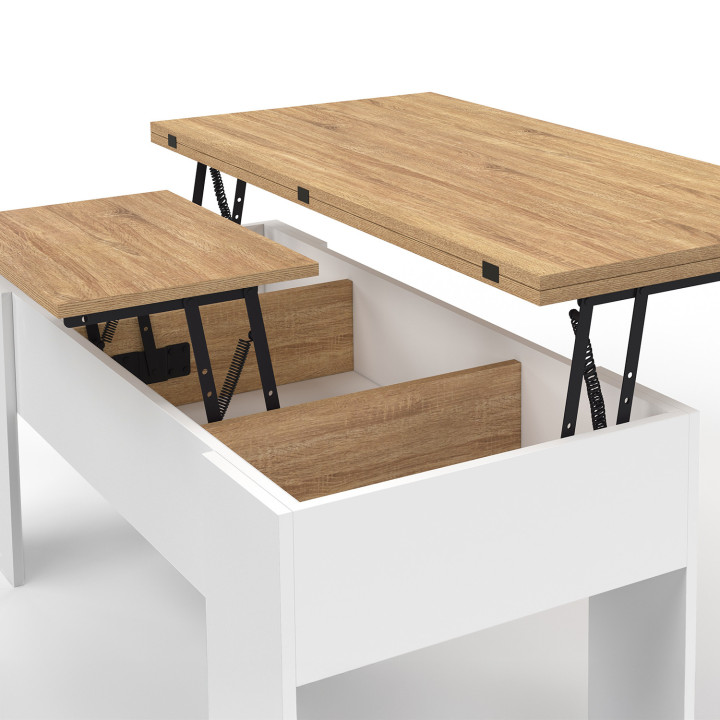 Tavolino rettangolare con piano sollevabile, trasformabile in tavolo da pranzo TARA, in legno bianco e faggio finto