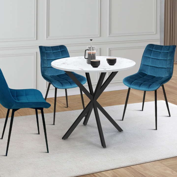 ALIX 2-4 persoons ronde eettafel met wit ALASKA en zwart marmereffect houten spinpoot 80 cm