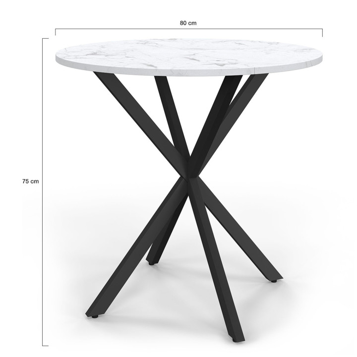 Table à manger ronde ALIX 2-4 personnes pied araignée bois effet marbre blanc ALASKA et noir 80 cm