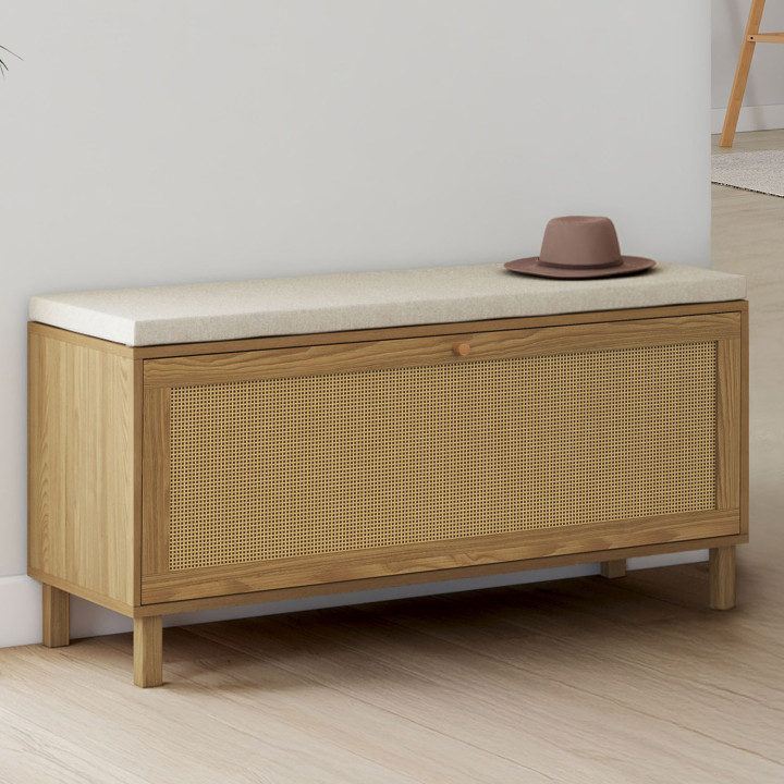 Banc d'entrée vintage HANAE avec rangement chaussures effet naturel cannage