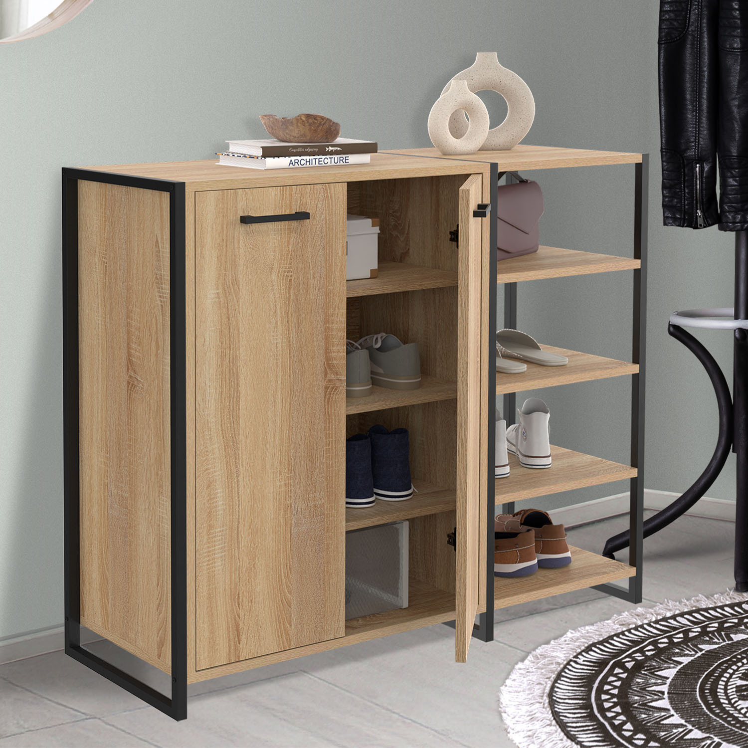 Armoire à chaussures design industriel 12 paires 2 portes et 4 étagères