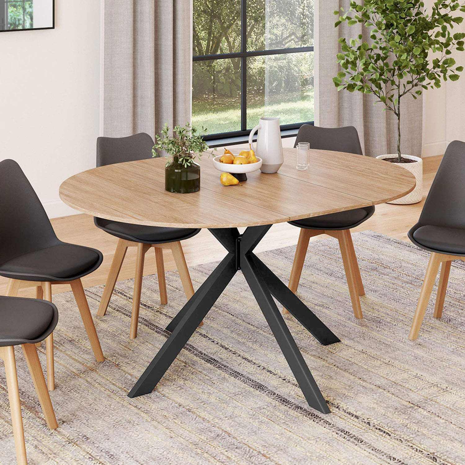 Table à manger ronde extensible noir et bois pour 6-8 personnes