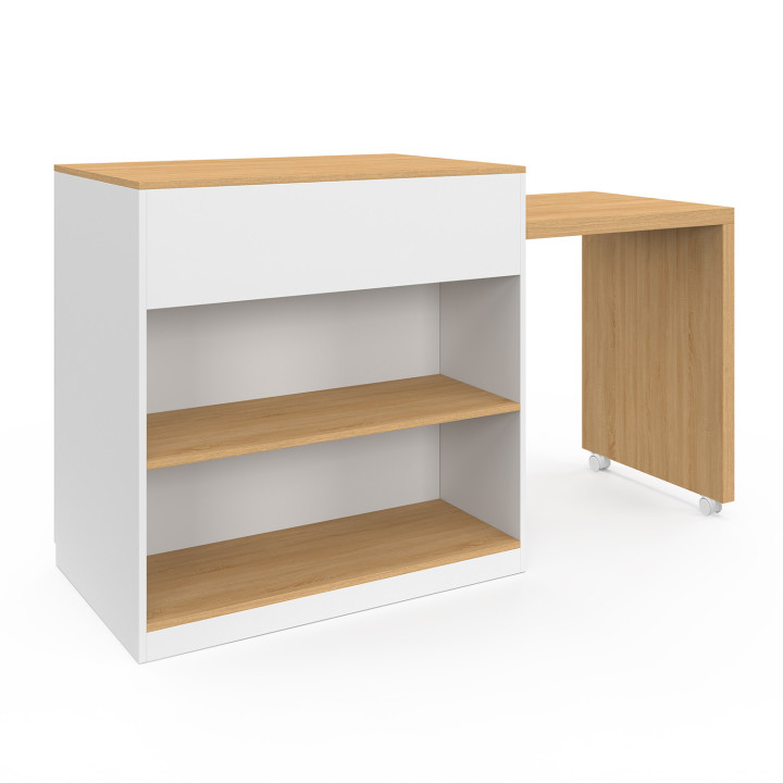 Ilot central VITO 90-155 cm bois blanc avec plan de travail extensible façon hêtre