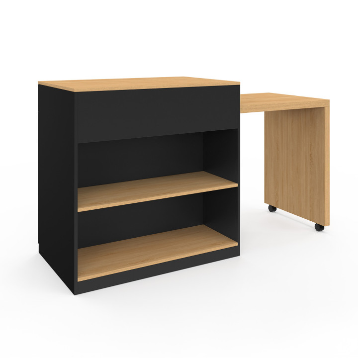 Ilot central VITO 90-155 cm bois noir avec plan de travail extensible façon hêtre