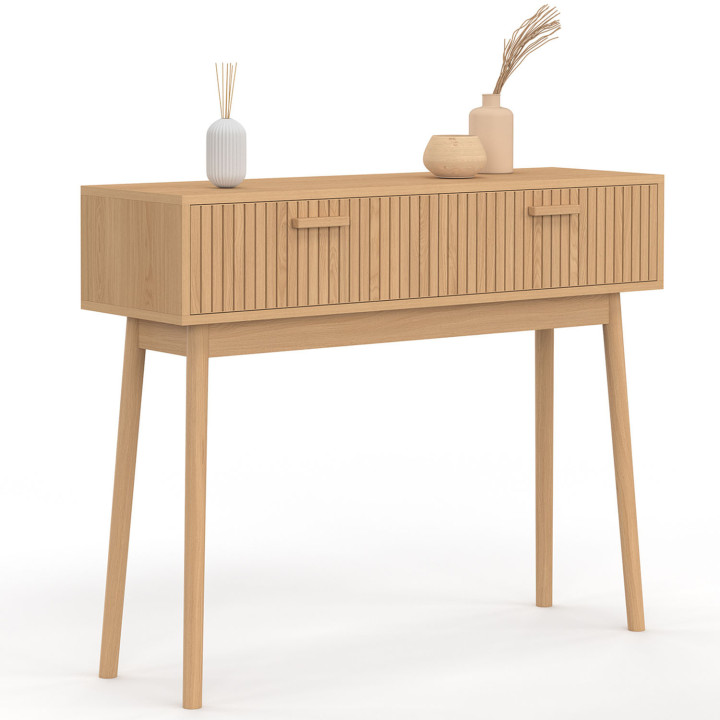 Console 2 tiroirs JULIETTE lattes tasseau bois coloris chêne