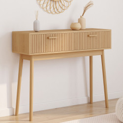 Console 2 tiroirs JULIETTE lattes tasseau bois coloris chêne