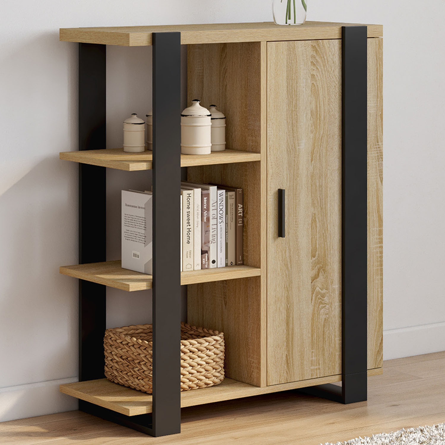 Buffet d'appoint 3 étagères et placard 70 cm bois et noir