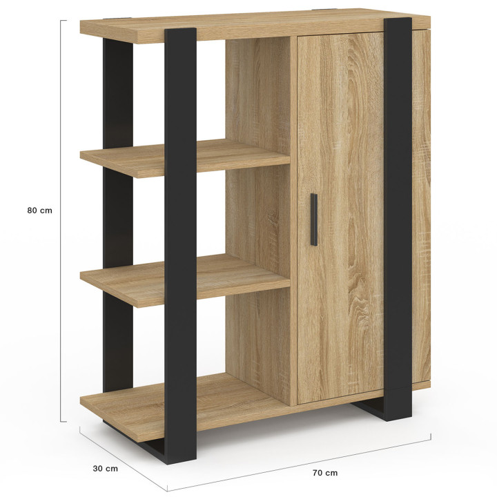 Buffet d'appoint 3 étagères et placard 70 cm PHOENIX bois et noir