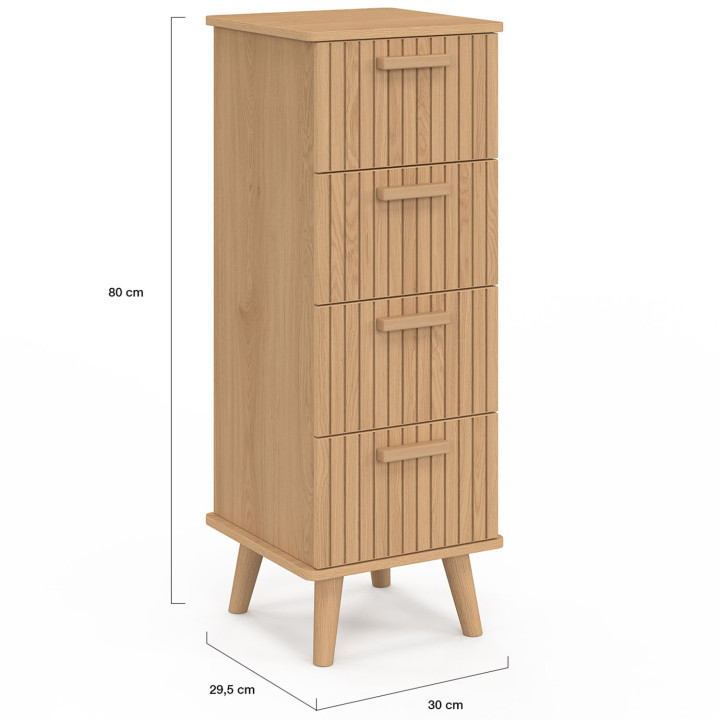Meuble d'appoint 4 tiroirs JULIETTE 30 cm chiffonnier lattes tasseau bois coloris chêne