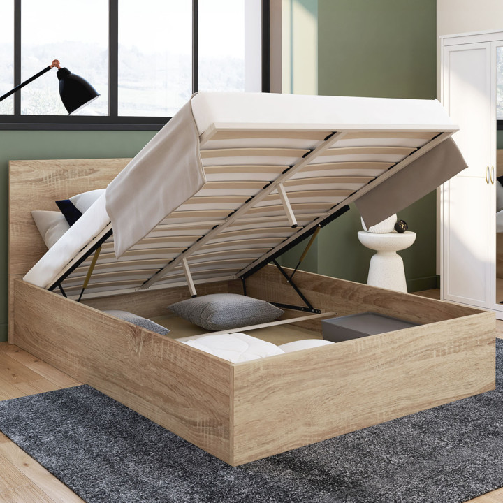 Cama doble con somier 140x190 cm efecto haya - SEASIDE | ID Market