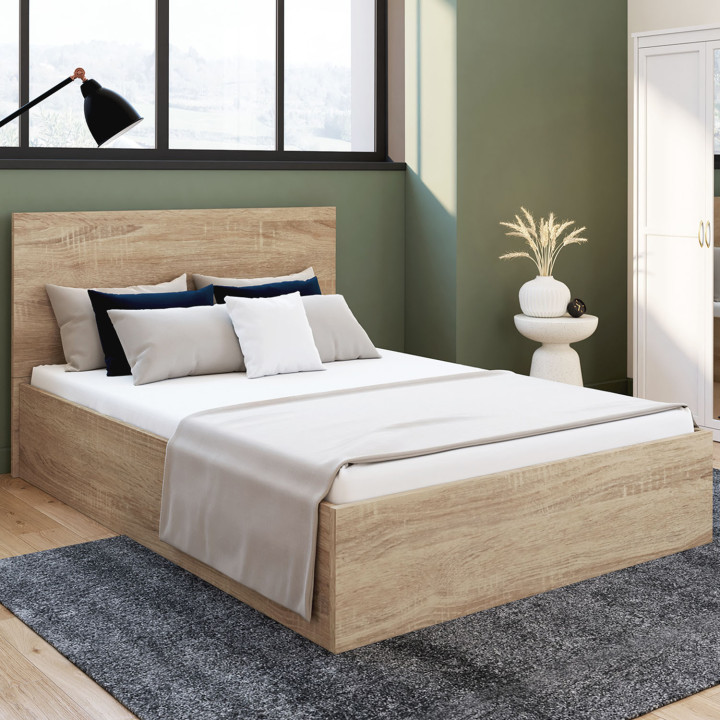 Lit coffre double SEASIDE avec tête de lit et sommier 140x190 cm façon hêtre