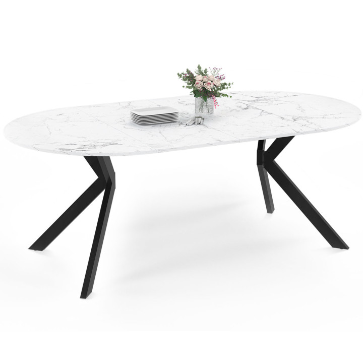 Mesa de comedor redonda extensible 4-10 personas pata de araña negra tablero efecto mármol blanco 110 - 200 cm - ALIX | ID Marke