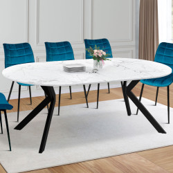 Uitschuifbare ronde eettafel 4-10 personen zwarte spinnenpoot wit marmereffect blad 110 - 200 cm - ALIX | ID Market
