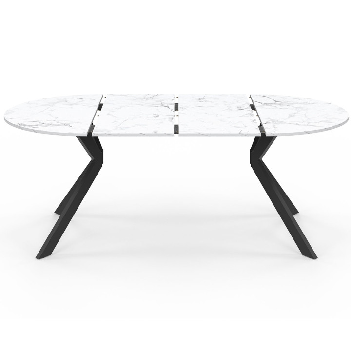 Mesa de comedor redonda extensible 4-10 personas pata de araña negra tablero efecto mármol blanco 110 - 200 cm - ALIX | ID Marke