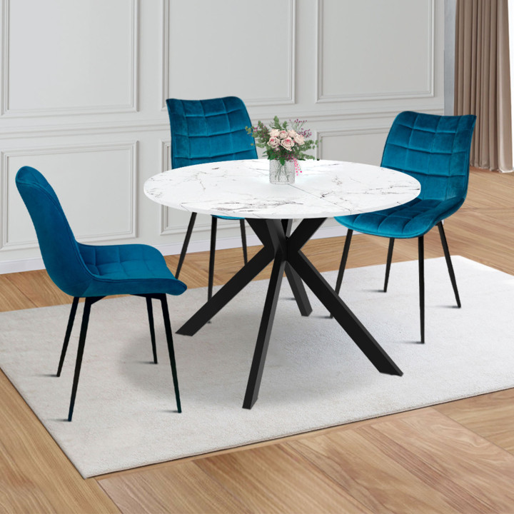 Table à manger extensible ronde ALIX 4-10 personnes pied araignée noir plateau effet marbre blanc ALASKA 110 - 200 cm