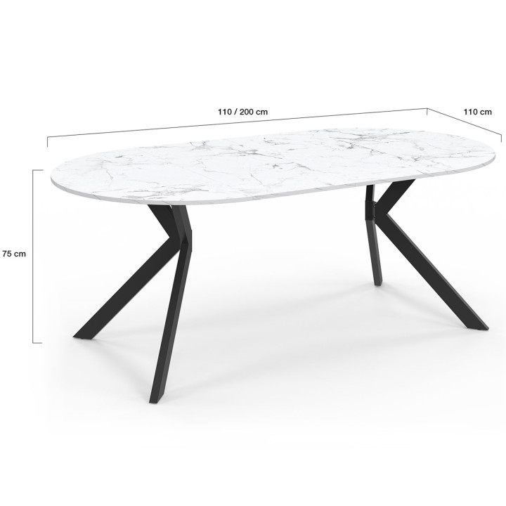 Mesa de comedor redonda extensible 4-10 personas pata de araña negra tablero efecto mármol blanco 110 - 200 cm - ALIX | ID Marke