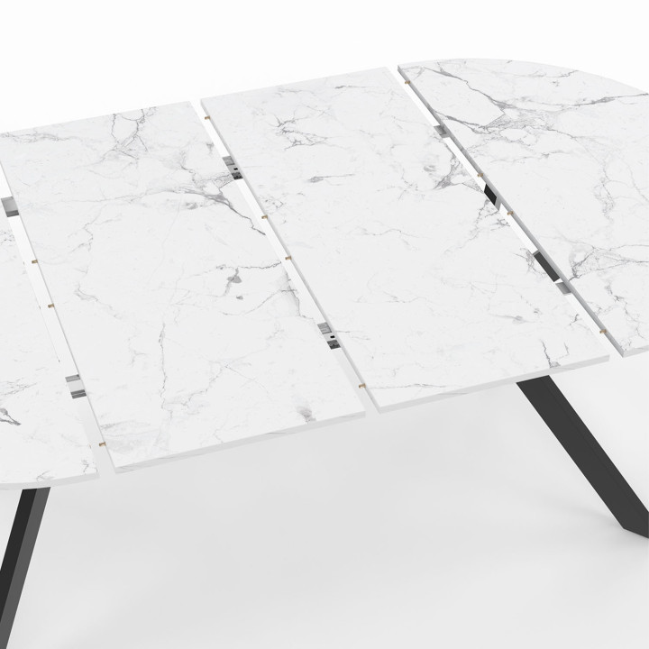 Mesa de comedor redonda extensible 4-10 personas pata de araña negra tablero efecto mármol blanco 110 - 200 cm - ALIX | ID Marke